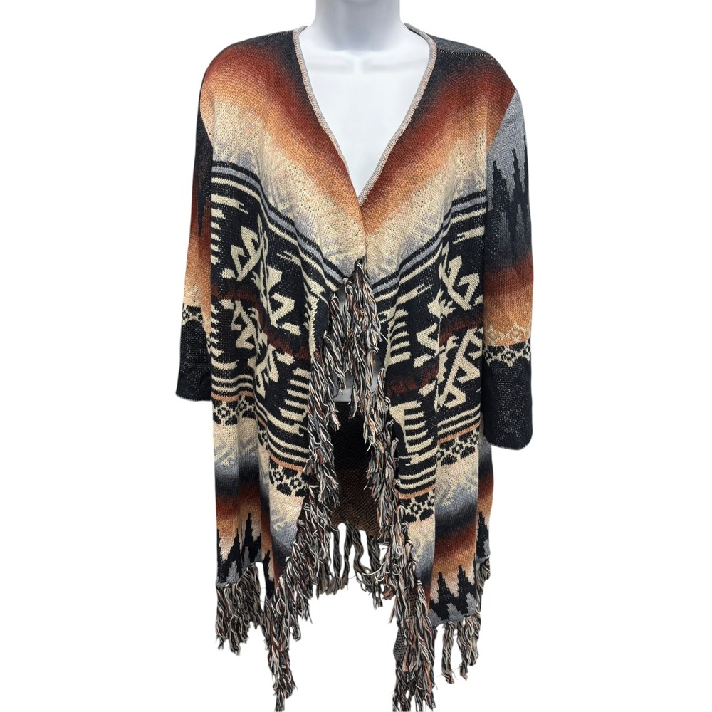 Angie Cascade Fringe Aztec Cardigan Sweater Southwestern Fringe Rust Geometric S